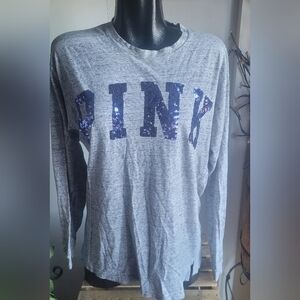 Pink Victoria's Secret Grey Long Sleeve Top with Blue Sequins Front M